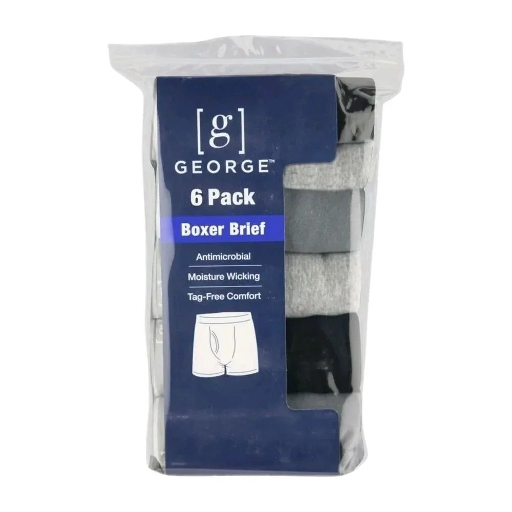 George 6-pk Men's S Cotton Regular Leg Boxer Briefs Black Gray Tagless Wicking